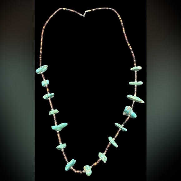 Vintage Jewelry - Vintage Santo Domingo Style Heishi Turquoise Olive Shell Necklace 31”